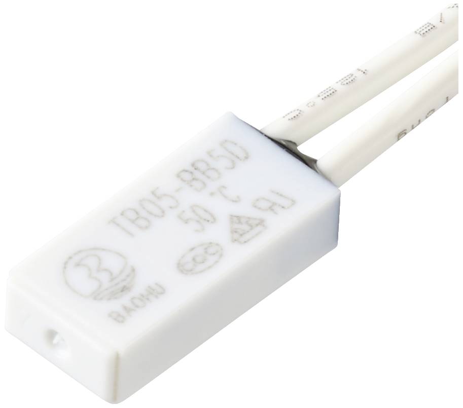 Pravokutni, bijeli električni senzor s dva istaknuta žica. Natpis: 'TB05-BB5D 50°C'.