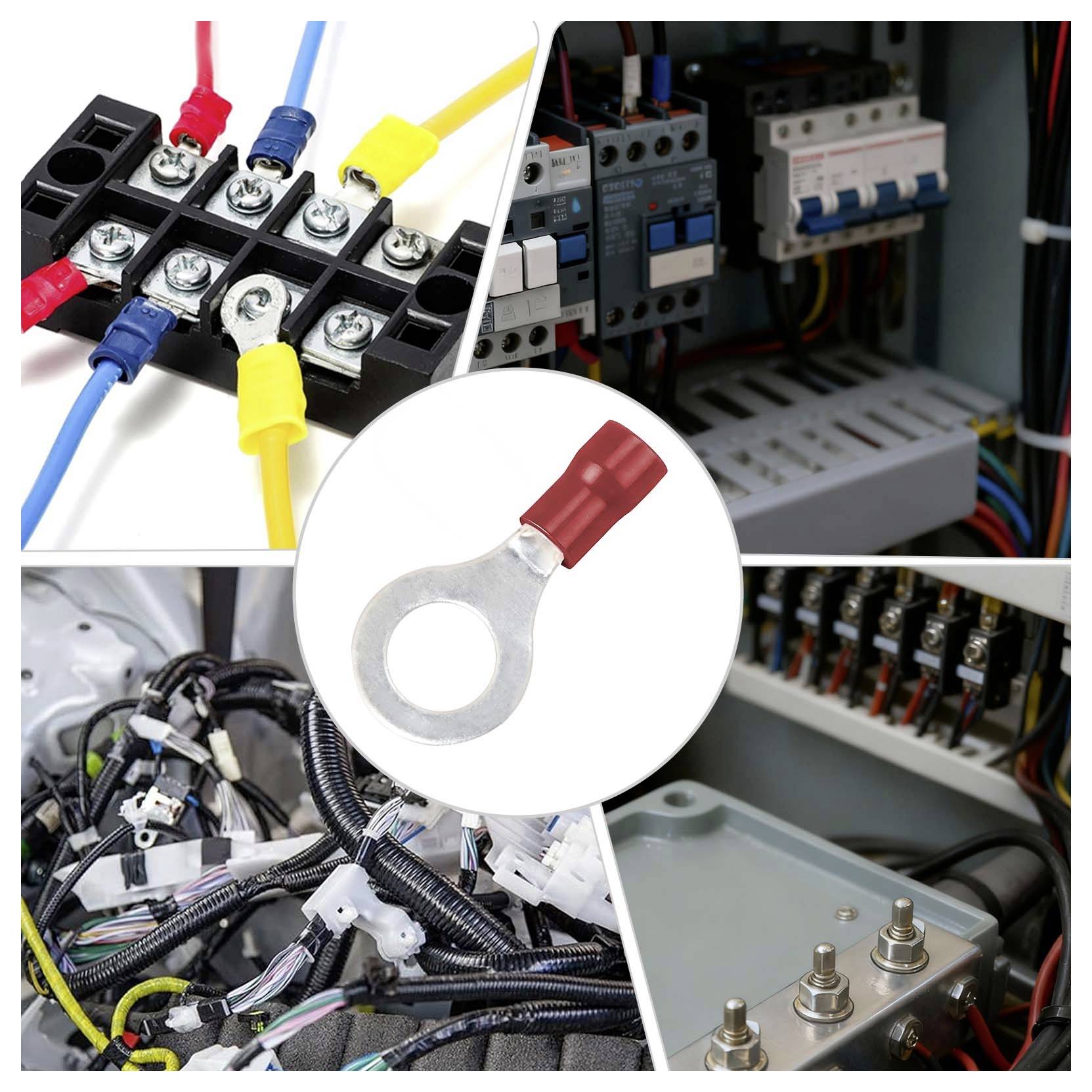 Kolaž električnog kabliranja i terminalnih blokova s obojanim kabelima, plus crvenom izoliranom kabelskom tuljkom u sredini, prikazuje industrijske veze kabliranja.