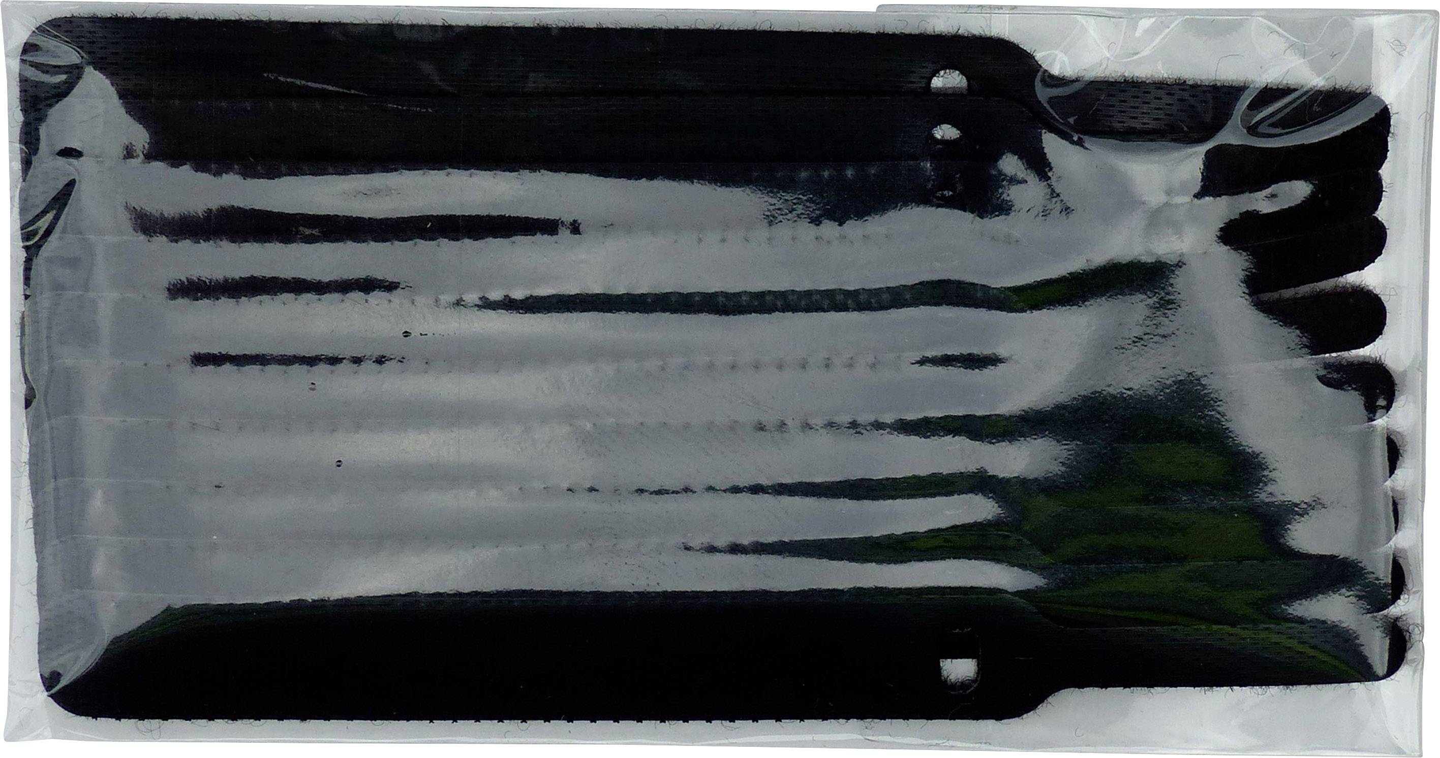 Prozirna plastična ambalaža s nekoliko crnih, izduženih predmeta koji izgledaju poput vezica za kablove ili plastičnih traka za povezivanje.