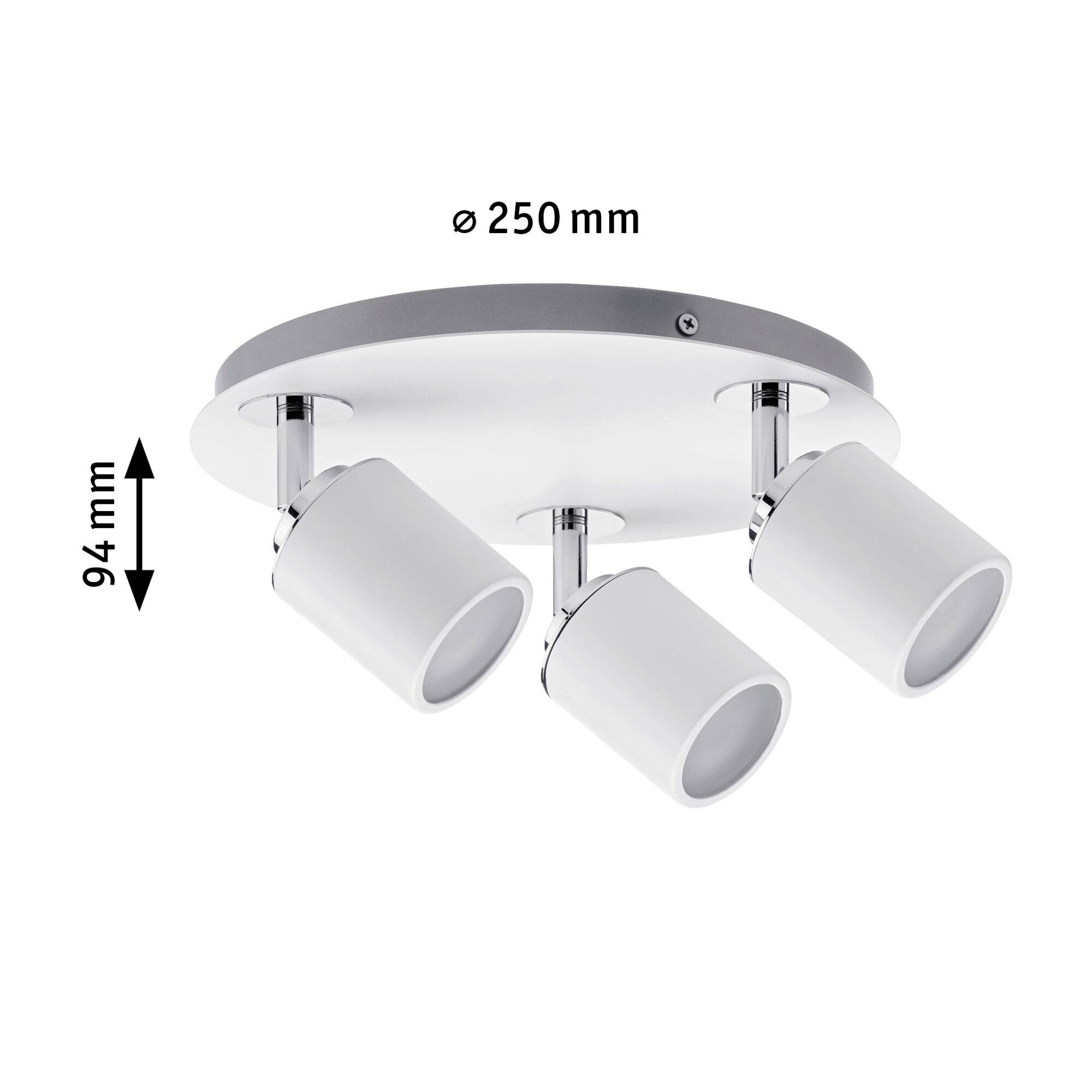 Okrugla stropna lampa s tri bijela podesiva reflektora. Dimenzije: promjer 250 mm, visina 94 mm. Idealna za ciljano osvjetljenje.
