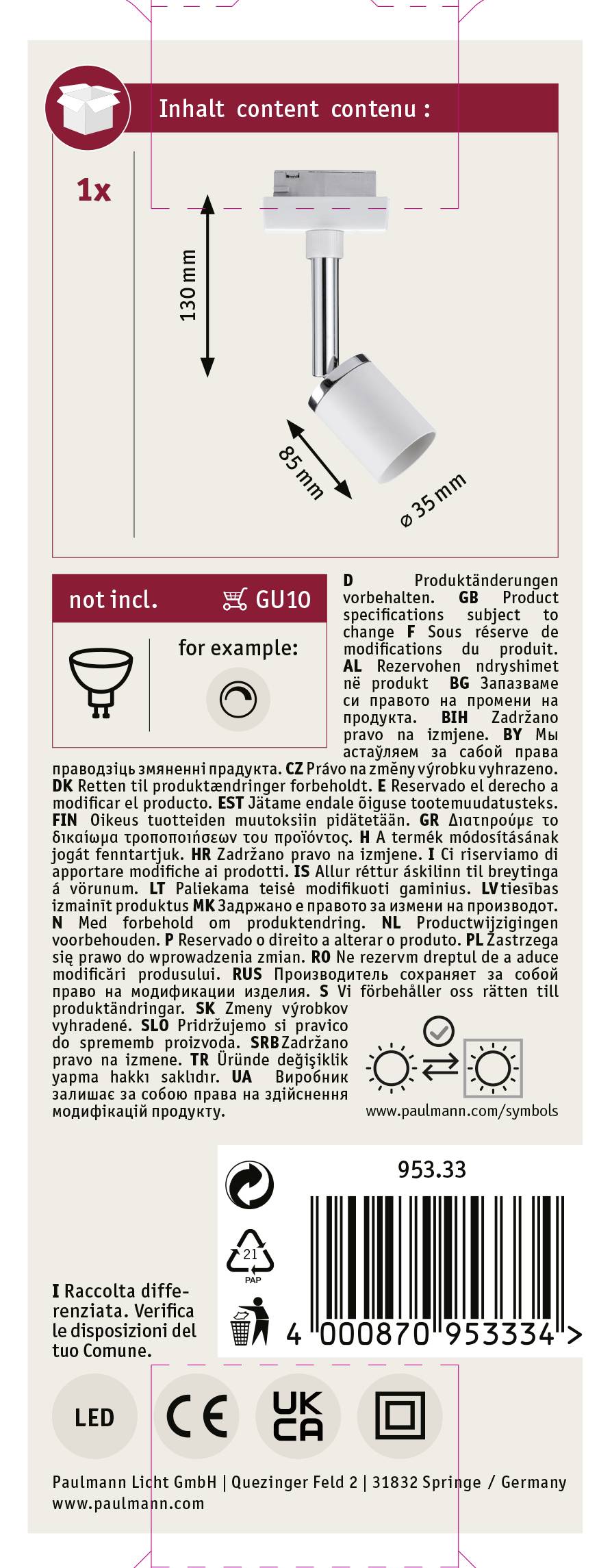 Naljepnica za pakiranje LED žarulje GU10; sadrži sliku žarulje, dimenzije, produktne informacije na više jezika i barkodove.