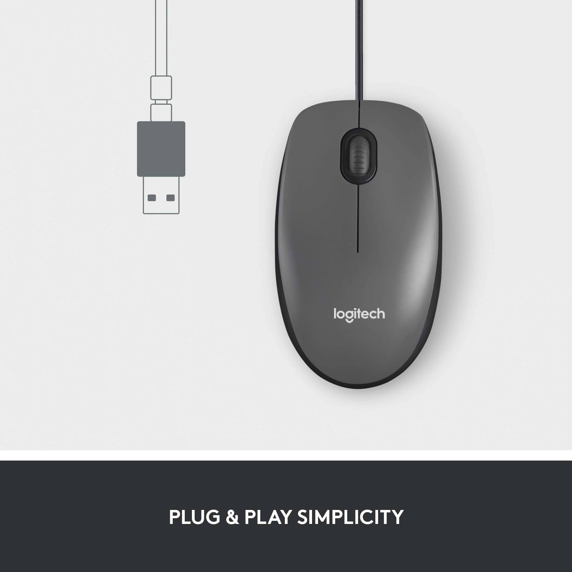Siva Logitech miš s USB kabelom i tekstom 'Plug & Play udobnost'.