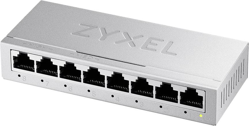 Mrežni preklopnik 'ZYXEL' s osam Ethernet priključaka, korišten za povezivanje više uređaja u lokalnoj mreži.