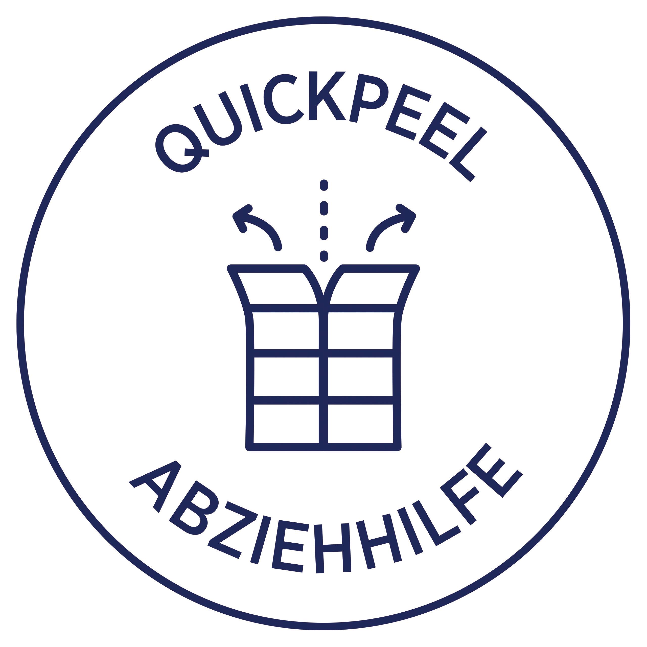Simbol 'Quickpeel Abziehhilfe' s ilustracijom naljepnice koja je po sredini prekinuta i povučena prema van.