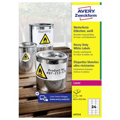 Avery Zweckform nepropusne bijele naljepnice za laserske pisače, prikazane na metalnim limenama s upozorenjima i naljepnicama proizvoda; paket sadrži 24 naljepnice, 63,5 x 33,9 mm.