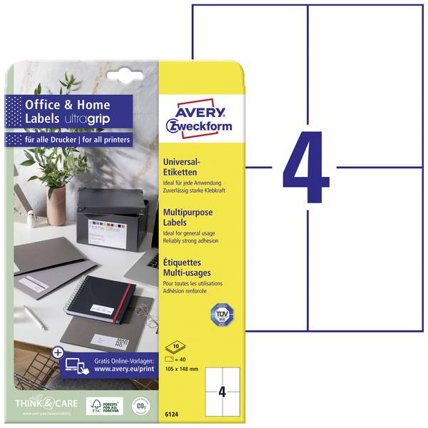 Avery-Zweckform 6124 univerzalne naljepnice 105 x 148 mm papir bijela 40 St. trajno prianjanje  tintni pisač, laserski pisač, laserski pisač u boji, mašina za kopiranje, kopirni uređaj u boji, rukopis