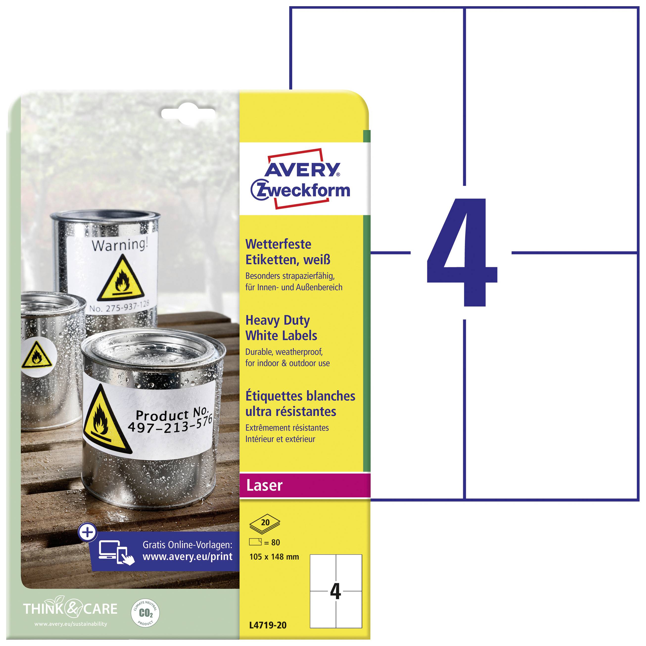 Paket naljepnica tvrtke Avery Zweckform, otporan na vremenske uvjete i bijele boje, pogodan za laserske printere, 80 komada, veličine 105 x 148 mm, s simbolima upozorenja.