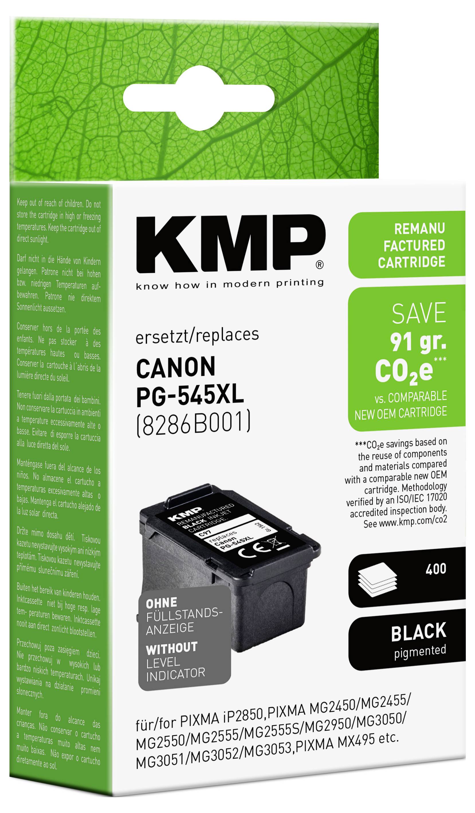 Ambalaja za KMP remontanu crnu tintnu patronu, zamjenjuje Canon PG-545XL, uštedi 91 g CO2e, 400 stranica, s fotografijom patronu.