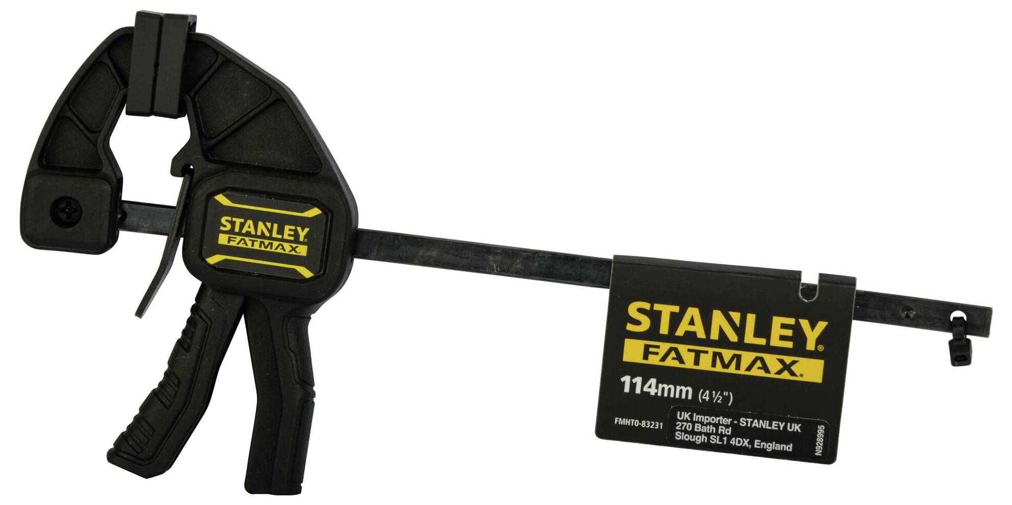 Crna brza stega Stanley Fatmax, raspon stezanja 114 mm, sa žutim logom i etiketom. Pogodna za radove na drvu ili metalu.