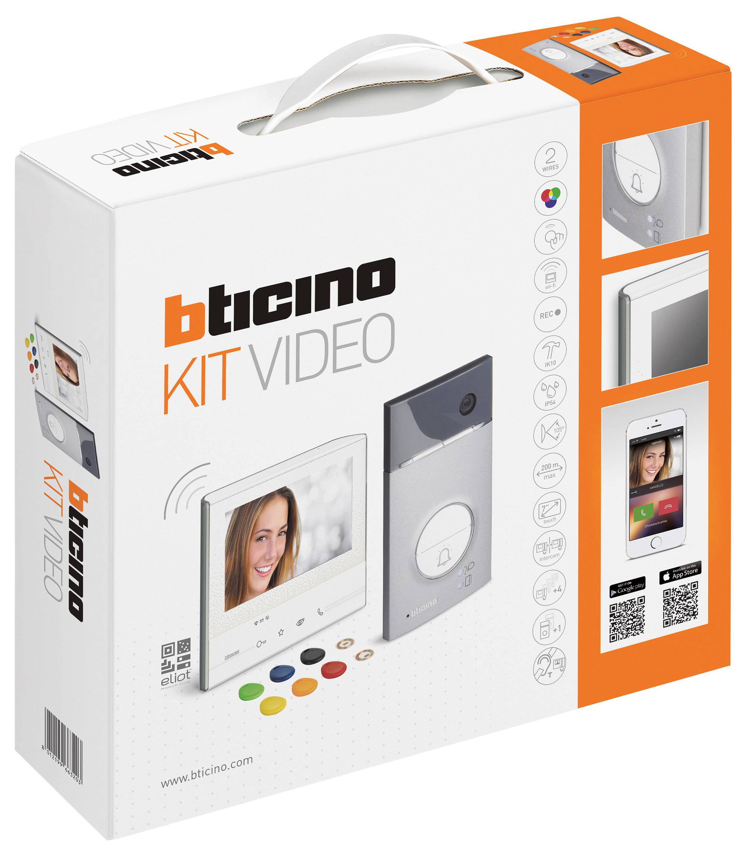 Ambalaža Bticino video kompleta s prikazom video interfona, monitora i pametnog telefona. Sadrži QR kod za detalje.