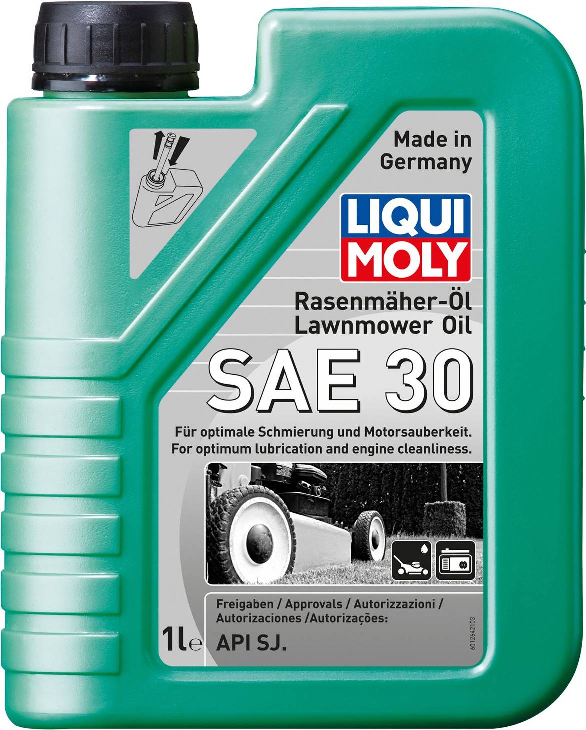 1-litreni kanistar SAE 30 ulja za kosilice od Liqui Moly-ja za optimalnog podmazivanja i čistoće motora; proizveden u Njemačkoj.