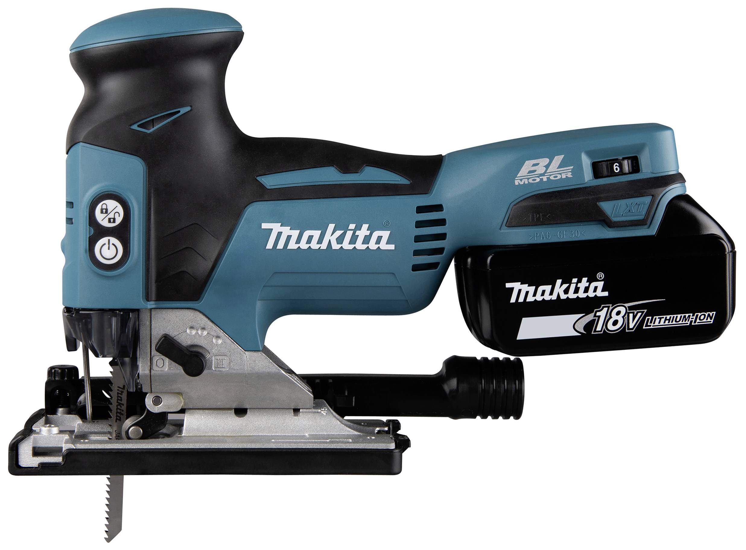 Akustička pila, bežična, marke Makita, model 18V. Crno-plavi dizajn s vidljivom specifikacijom motora i baterije.