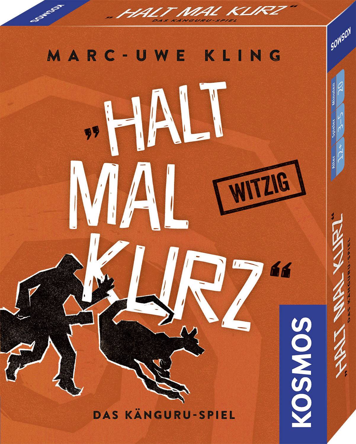 Kutija igre 'Pričekaj malo'. Ilustracija kengura i pingvina u stripskom stilu. Naslov i ime autora jasno vidljivi.