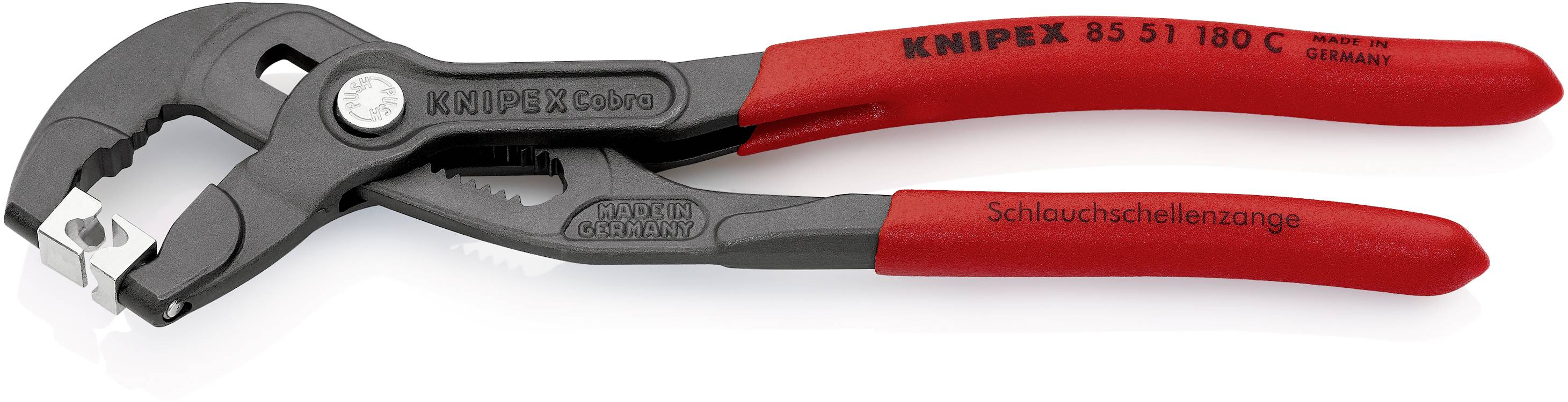 Crvene ljeskaljke za cijev s crnom ručkom, naziv marke KNIPEX jasno vidljiv. Pogodne za precizno hvatanje i učvršćivanje. Izrađeno u Njemačkoj.