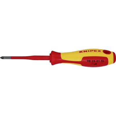 Žuto-crveni odvijač s izoliranom ručkom i crnim vrhom. Na ručki piše 'KNIPEX 98 25 01 SL'.