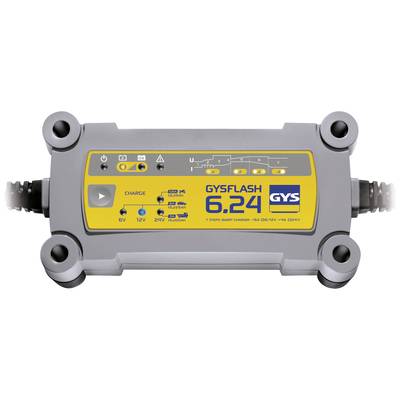 Sivo-žuti punjač baterije s natpisom 'GYSFLASH 6.24', koji prikazuje nekoliko tipki za načine rada i indikator stanja punjenja.
