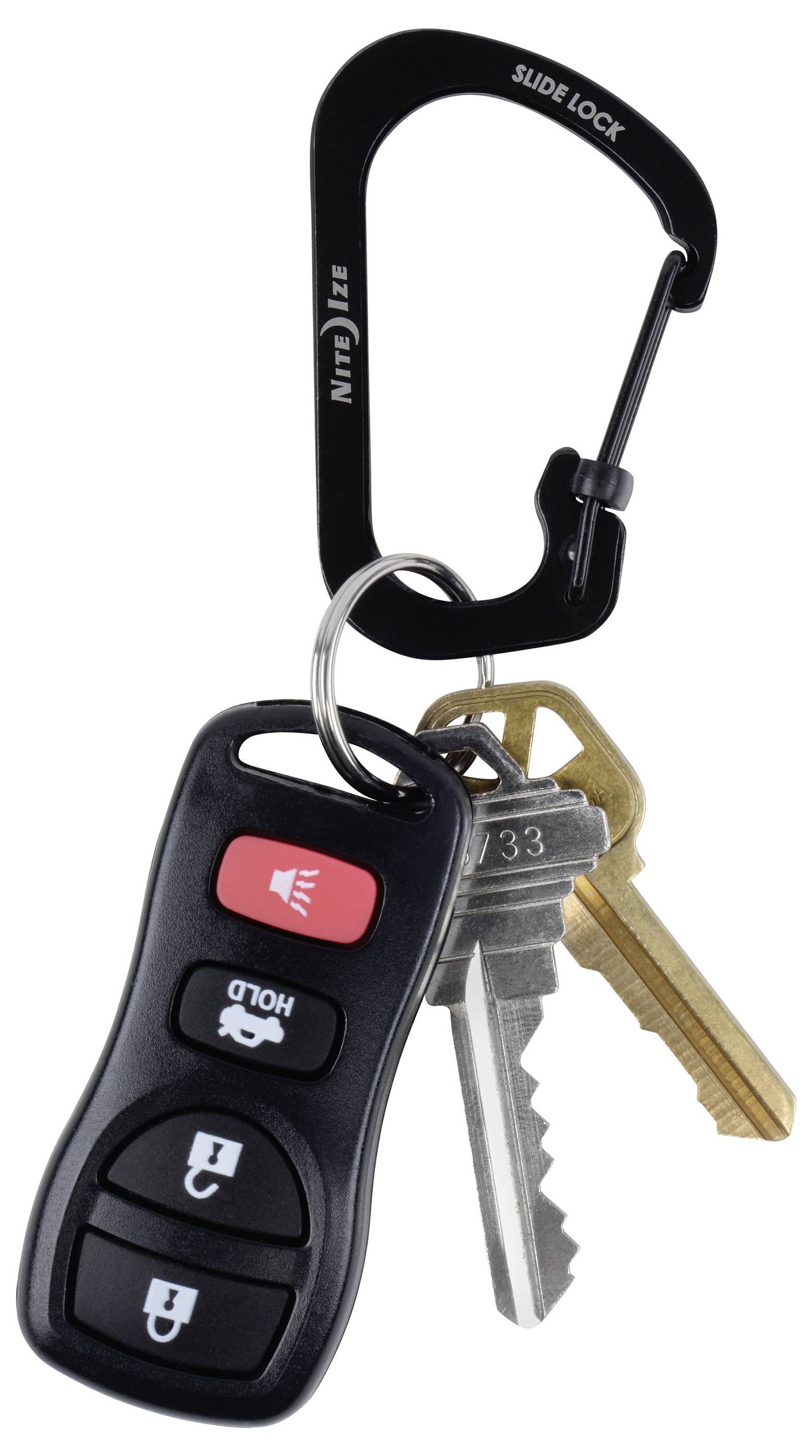 Set ključeva automobila i ključeva kuće na crnom karabineru za ključeve, s vidljivim gumbom za aktivaciju alarma automobila.
