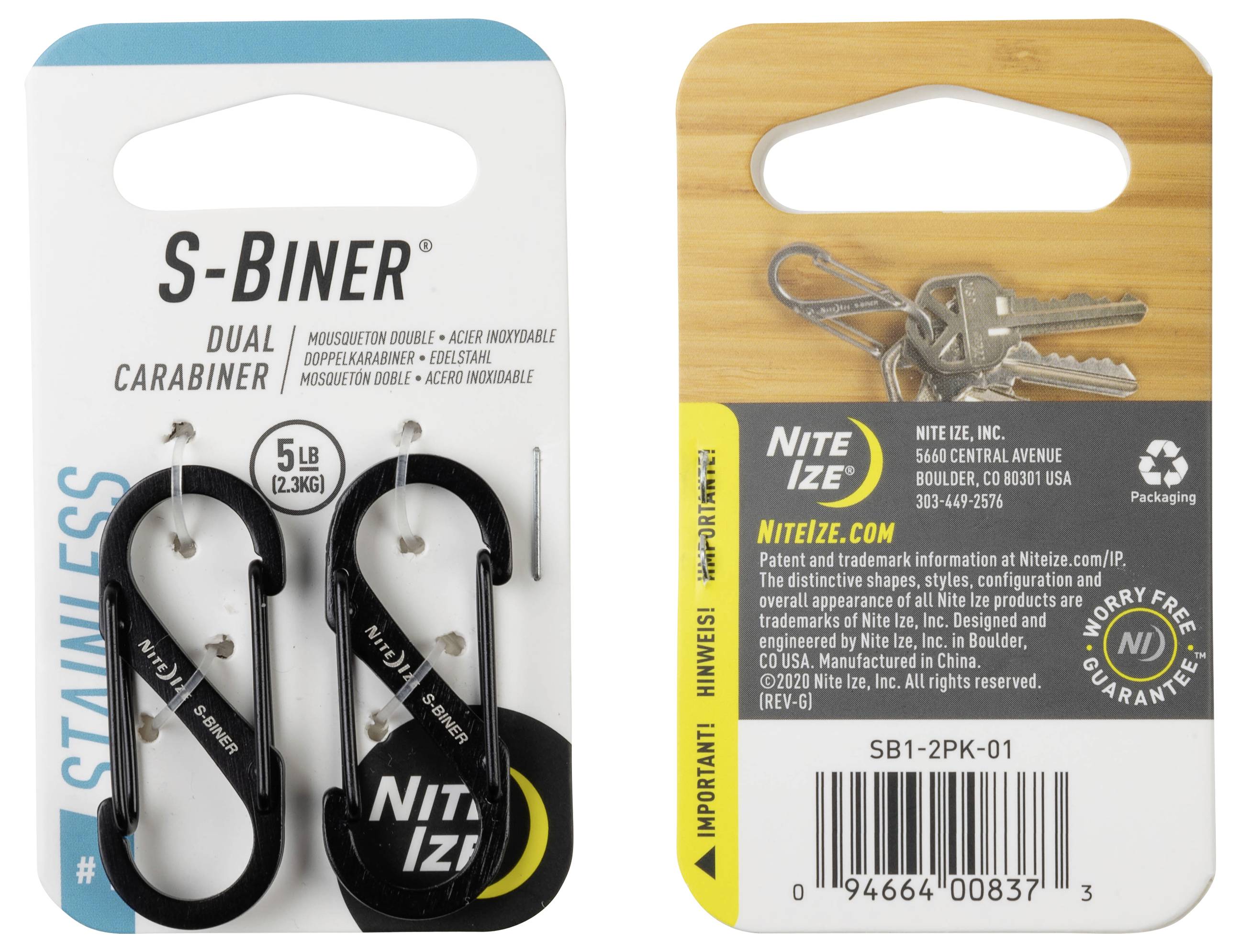 Dva karabinera na kartici, označena natpisom 'S-Biner, Dvostruki karabiner, Nehrđajući, 5 lb (2,3 kg).' Na poleđini je prikazana upotreba s ključevima. Brend Nite Ize, Inc.