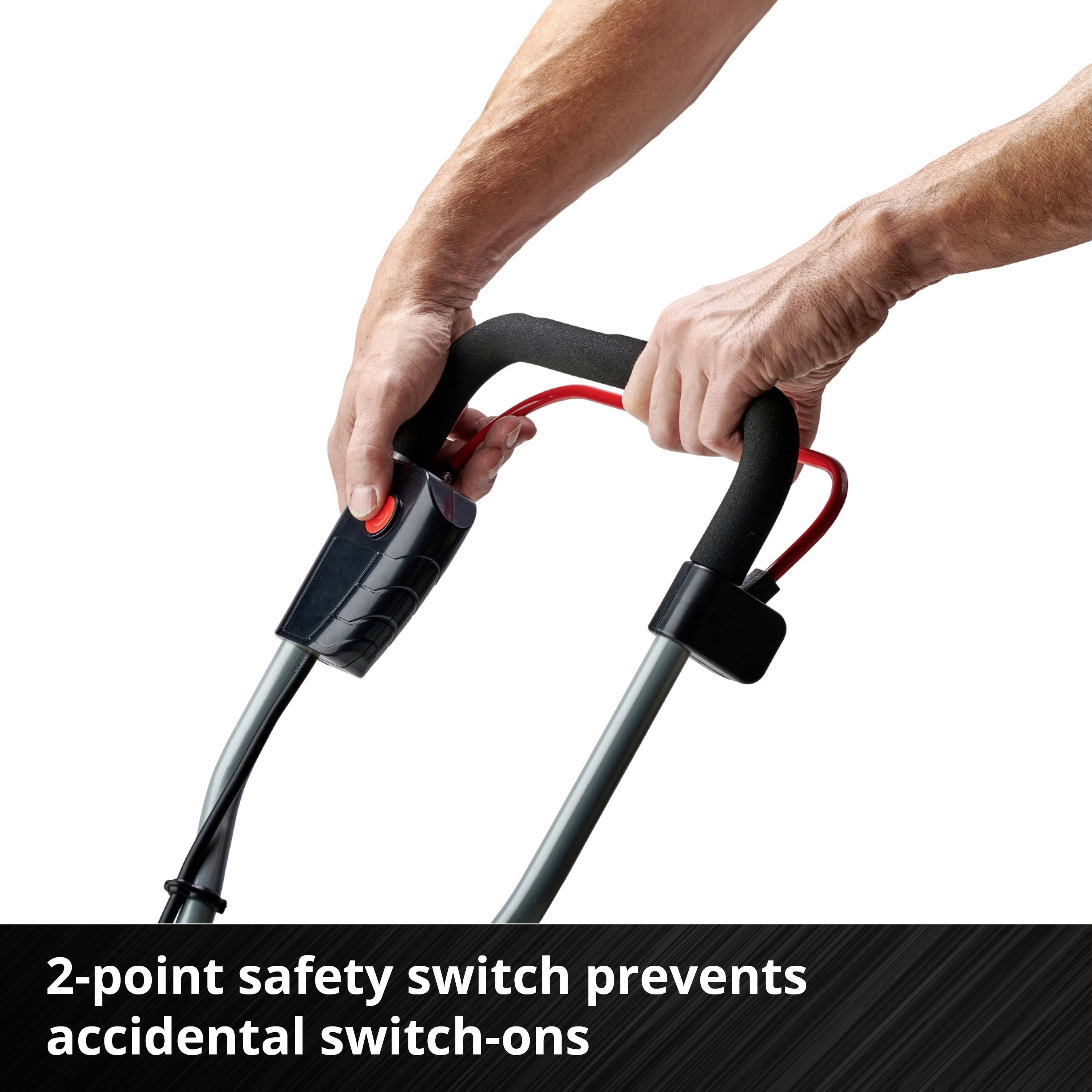 Jedna ruka drži ručku vrtnog alata s crvenom tipkom. Tekst: '2-točni sigurnosni prekidač sprečava slučajno uključivanje'.