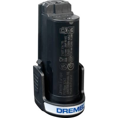 Crni Dremel litij-ionski akumulator s natpisom i plavim detaljima pri dnu, vertikalno stoji u punjača.