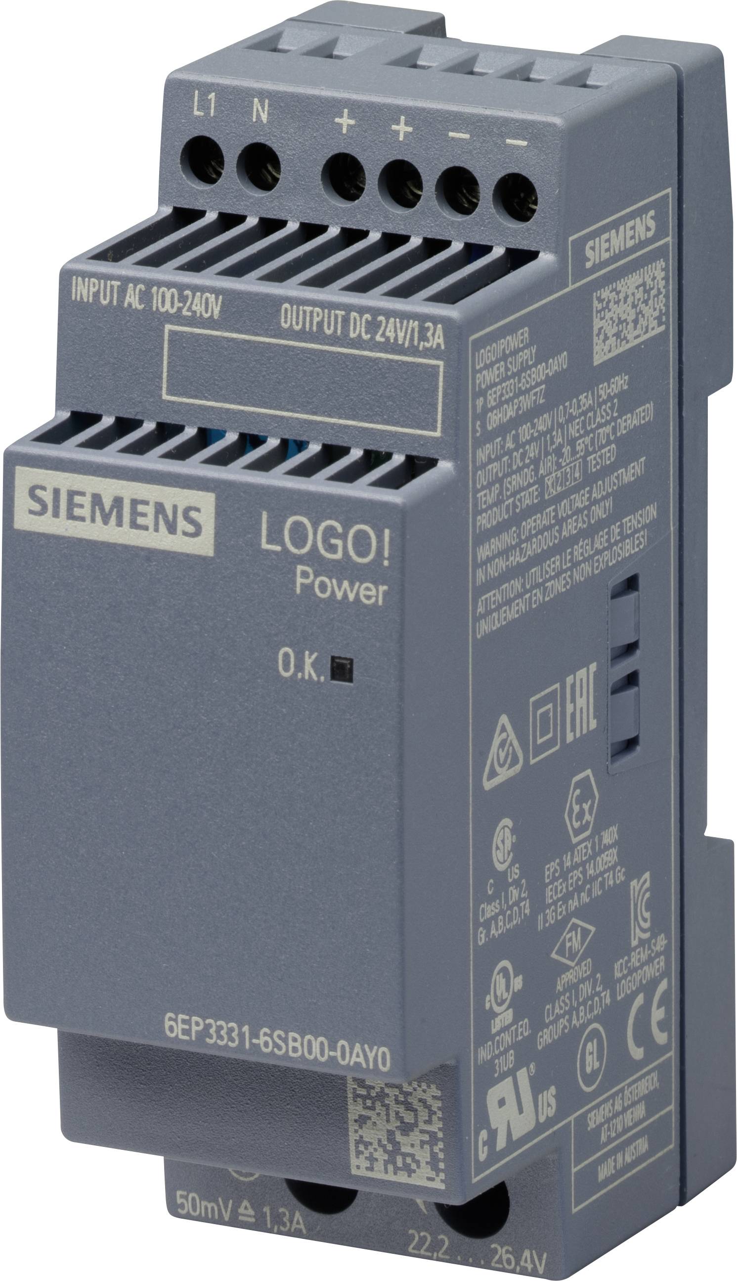 Siva Siemens LOGO! napajanje s ulazom 100-240V i izlazom DC 24V/1.3A. Model 6EP3331-6SB00-0AY0, prikazuje oznake i specifikacije.