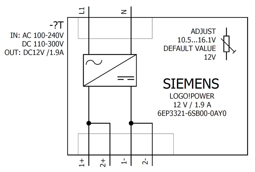 Dijagram napajanja za Siemens LOGO!Power 12V, 1,9 A. Ulazi: AC 100-240V, DC 110-300V. Izlazi: DC 12V, 1,9A. Raspon podešavanja: 10,5-16,1V.