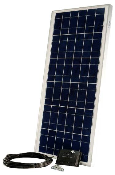 Solarni modul-komplet s pravokutnim solarnim panelom, kabelom, vijcima za montažu i malim kontrolnim panelom koji omogućava upravljanje energijom.