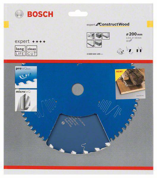 List Bosch pile za drvo, promjera 200 mm, upakiran. Sadrži natpis 'expert ConstructWood', s ilustracijama za upotrebu.