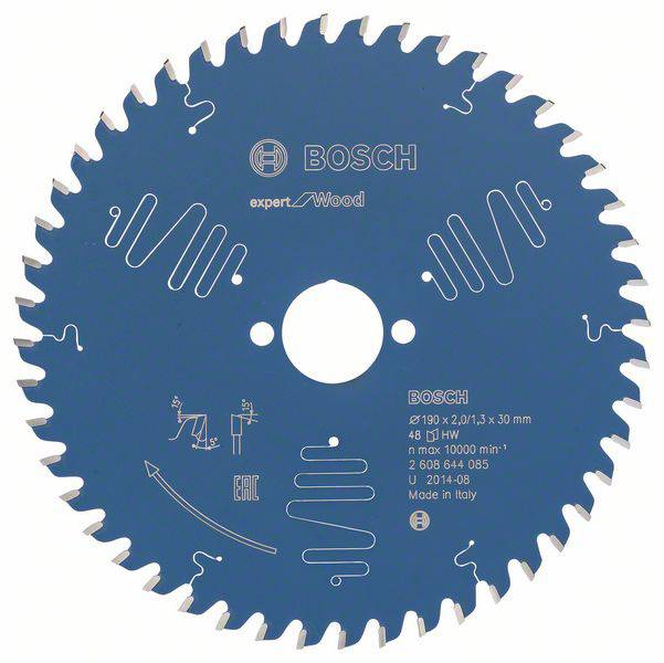 List Bosch za drvo, plavi dizajn, 48 zuba, maks. 10000 okretaja/min, promjer 190 mm, izrađeno u Italiji.