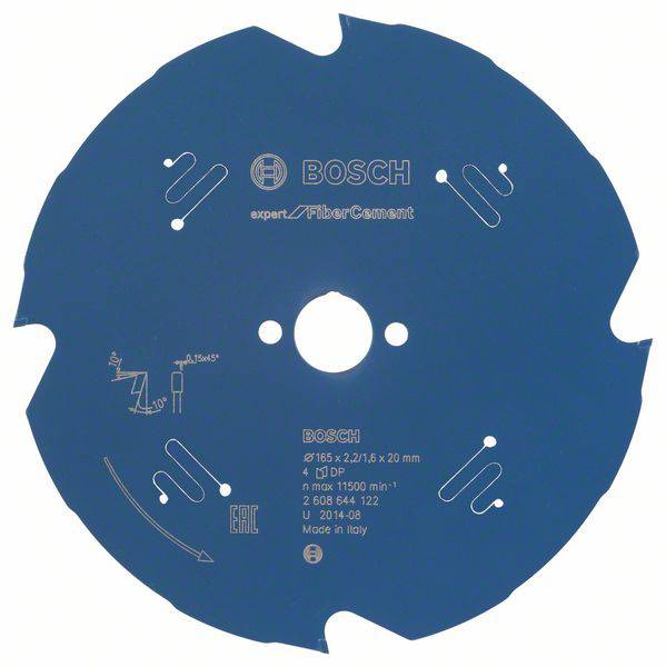 Okrugli Bosch rezni disk s natpisima i simbolima. Pogodan za vlaknasti cement. Dimenzije promjera: 165 x 20 mm.