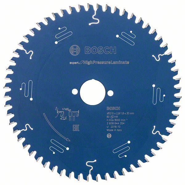 Bosch kružna pila, plava, za visokotlačni laminat, promjer 210 mm, 60 zuba, izrađena u Italiji.