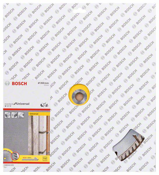 Boschova dijamantna rezna ploča, 350 mm, za rezanje građevinskih materijala. Pakiranja s prikazom segmenta i logotipovima.