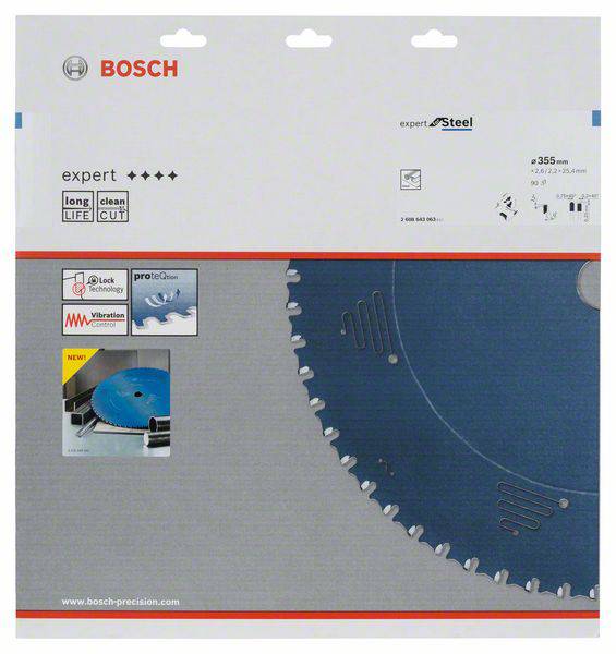 Ambalaža Bosch pile za rezanje iz serije 'expert Steel', prikazuje dimenziju '355 mm', naglašavajući dugotrajnost i preciznost rezanja.