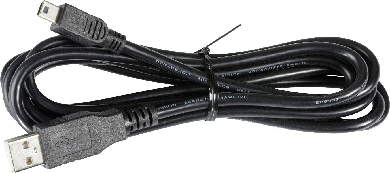 Crni USB kabel sa standardnim i mini USB priključcima, svinut i osiguran vezicom za kablove.