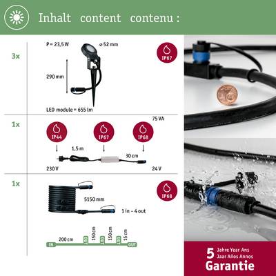 LED-svjetiljka s IP67 zaštitom, 75 VA, 655 lm. Električni kabel s IP68 zaštitom. Garancija 5 godina. Visina: 290 mm, promjer: 52 mm.