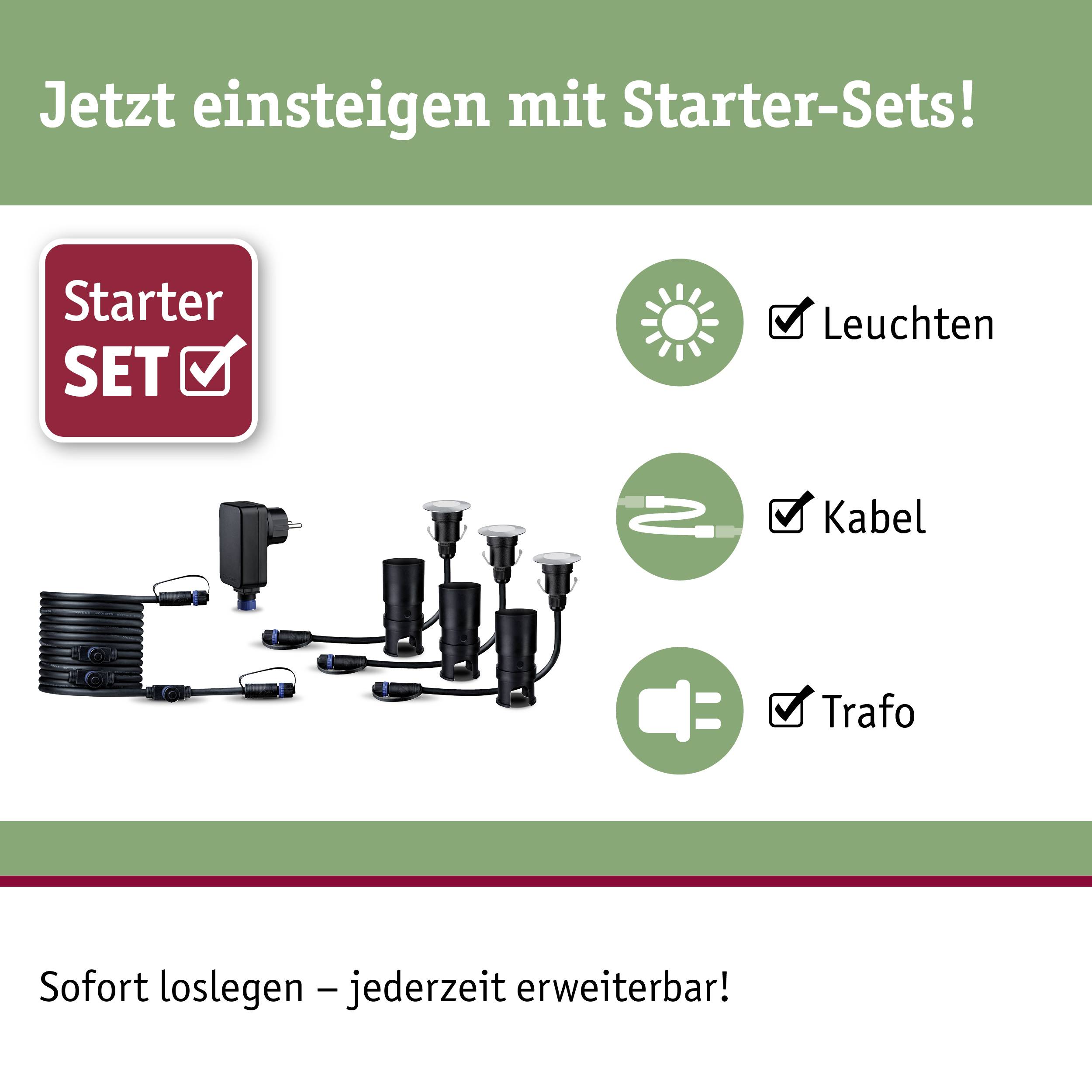 Predstavljen starter-set za rasvjetu: Sadrži svjetiljke, kablove i transformator. Tekst: 'Uključite se odmah sa starter-setovima!'. Počnite trenutačno.