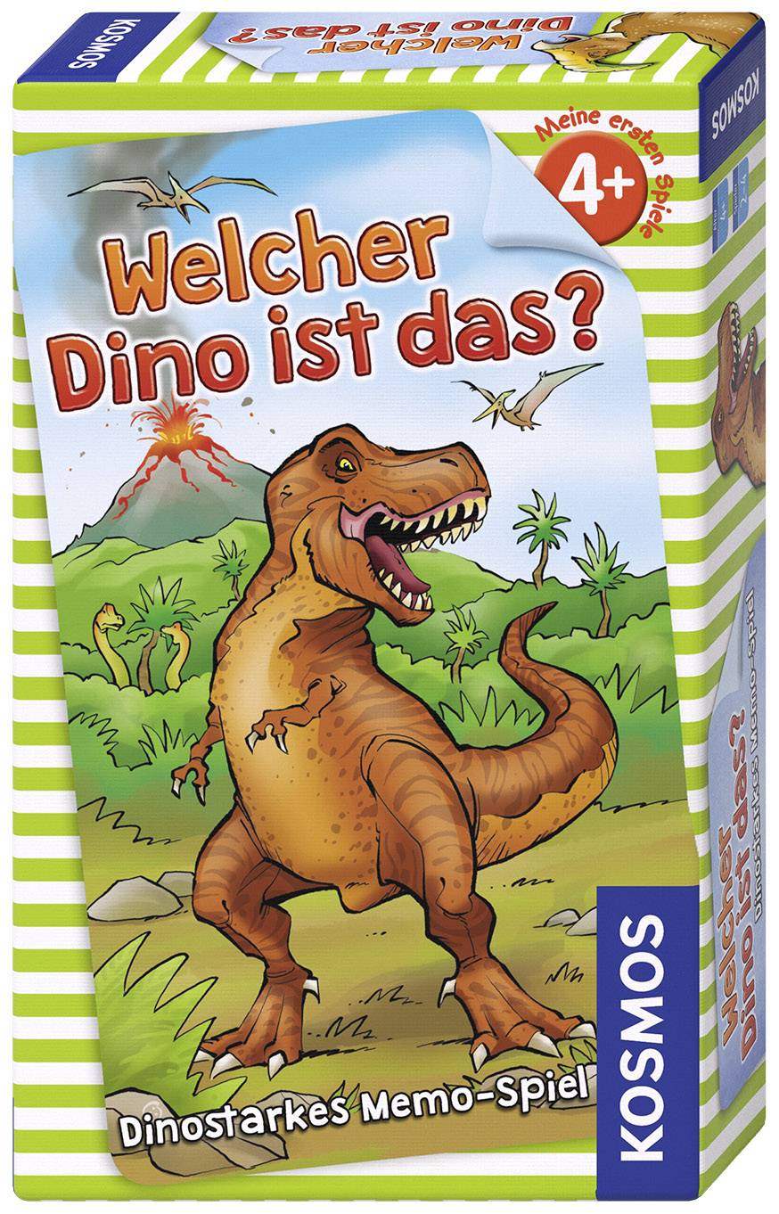 Kutija igračke prikazuje dinosaura u prapovijesnom krajoliku s vulkanom. Tekst: 'Koji je to dinozavr?' Od 4 godine.