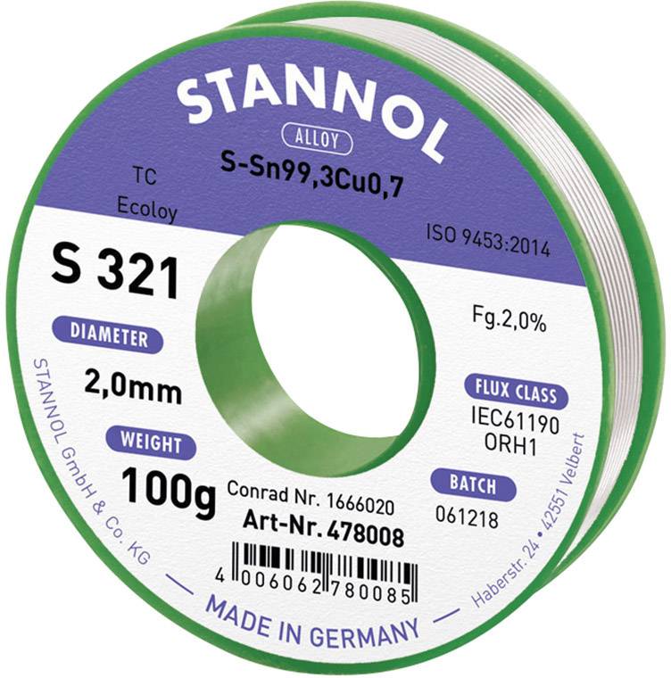 Rolna lemnog kalaja s natpisom 'STANNOL S-Sn99,3Cu0,7', promjera 2,0 mm, 100 g. Natpis 'MADE IN GERMANY'.