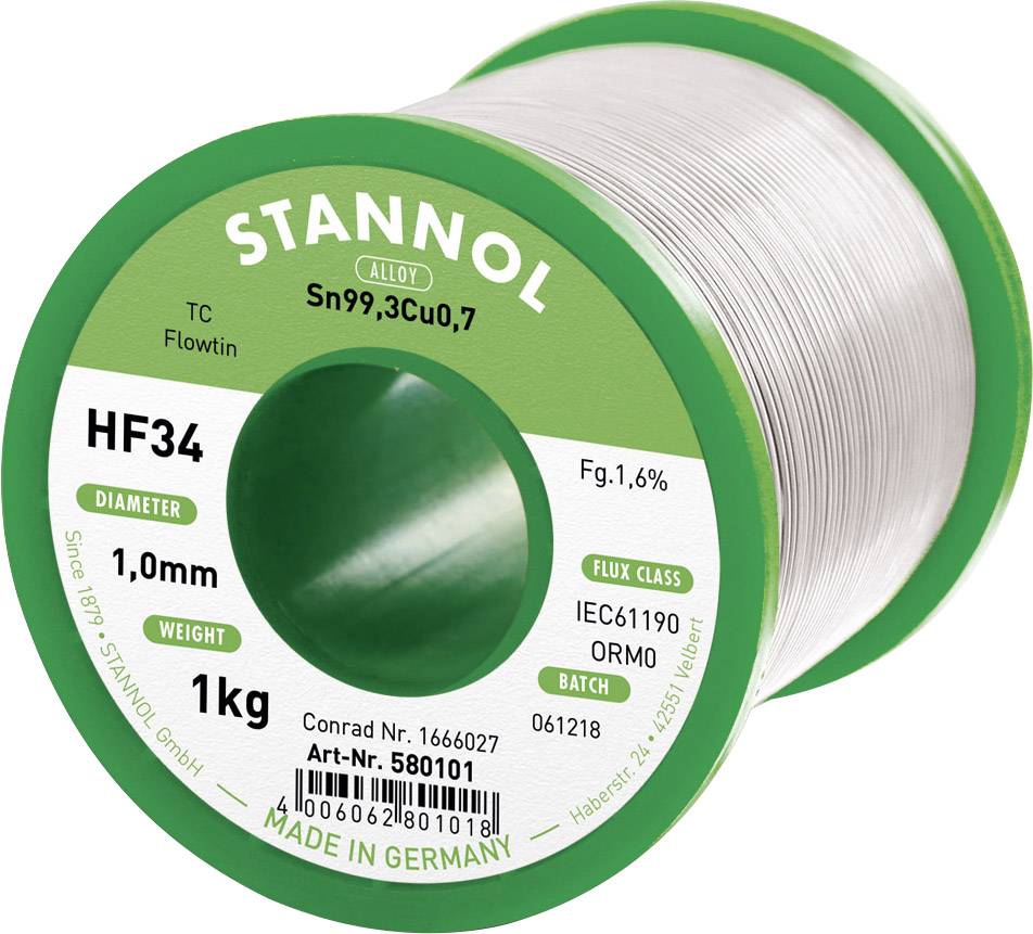 Žica za lemljenje marke Stannol, tip HF34, promjera 1,0 mm, težine 1 kg, Sn99,3Cu0,7, za elektroničke lemne radove. Izrađeno u Njemačkoj.