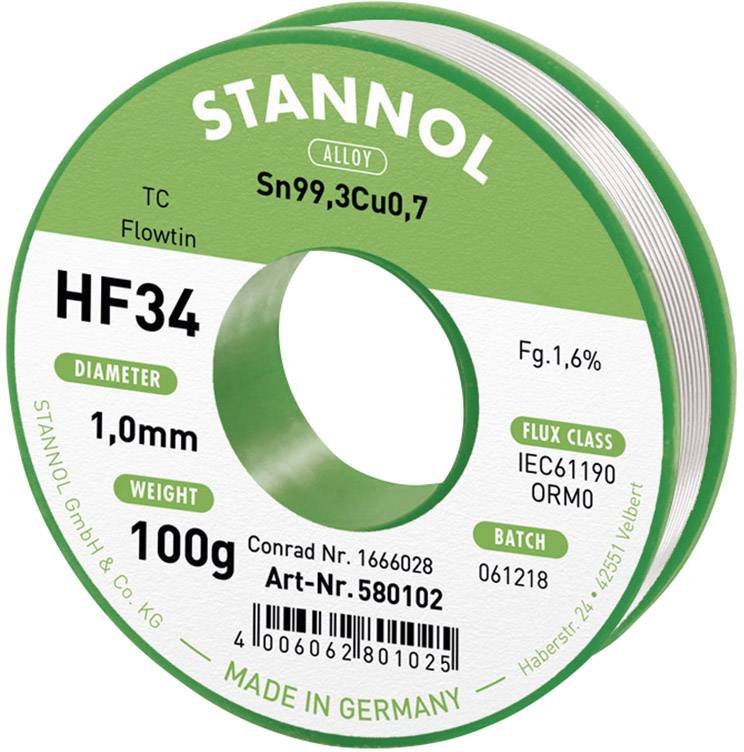 Lemna žica 'Stannol HF34', promjer 1,0 mm, težina 100 g, Sn99,3Cu0,7, udio flux sredstva 1,6%, izrađeno u Njemačkoj.