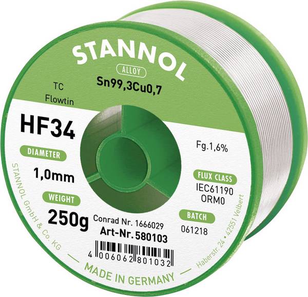 Stannol HF34 1,6% 1,0MM FLOWTIN TC CD 250G lemna žica, bezolovna svitak , bezolovni  Sn99,3Cu0,7 ORM0 250 g 1 mm