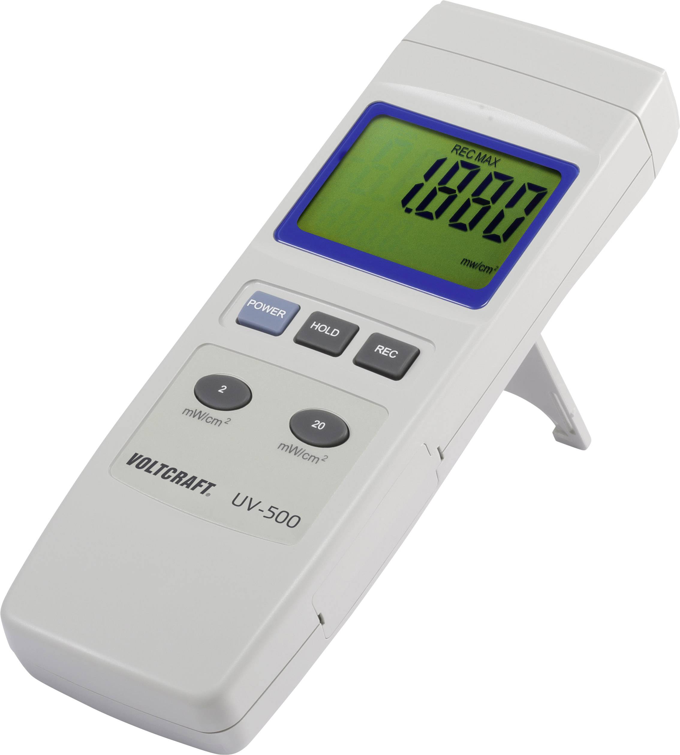 Prijenosni digitalni mjerni uređaj s displejom koji prikazuje mjerenje od 0,01 mW/cm², model UV-500.