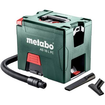 Metabo AS 18 L PC bežična usisavač sa crijevom, produžnim cijevima i podnom nastavkom na bijeloj pozadini.