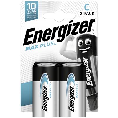 Dvije Energizer Max Plus baterije u pakiranju s crtežom figure baterije s rukama. Pakiranje naglašava '10 godina trajnosti'.