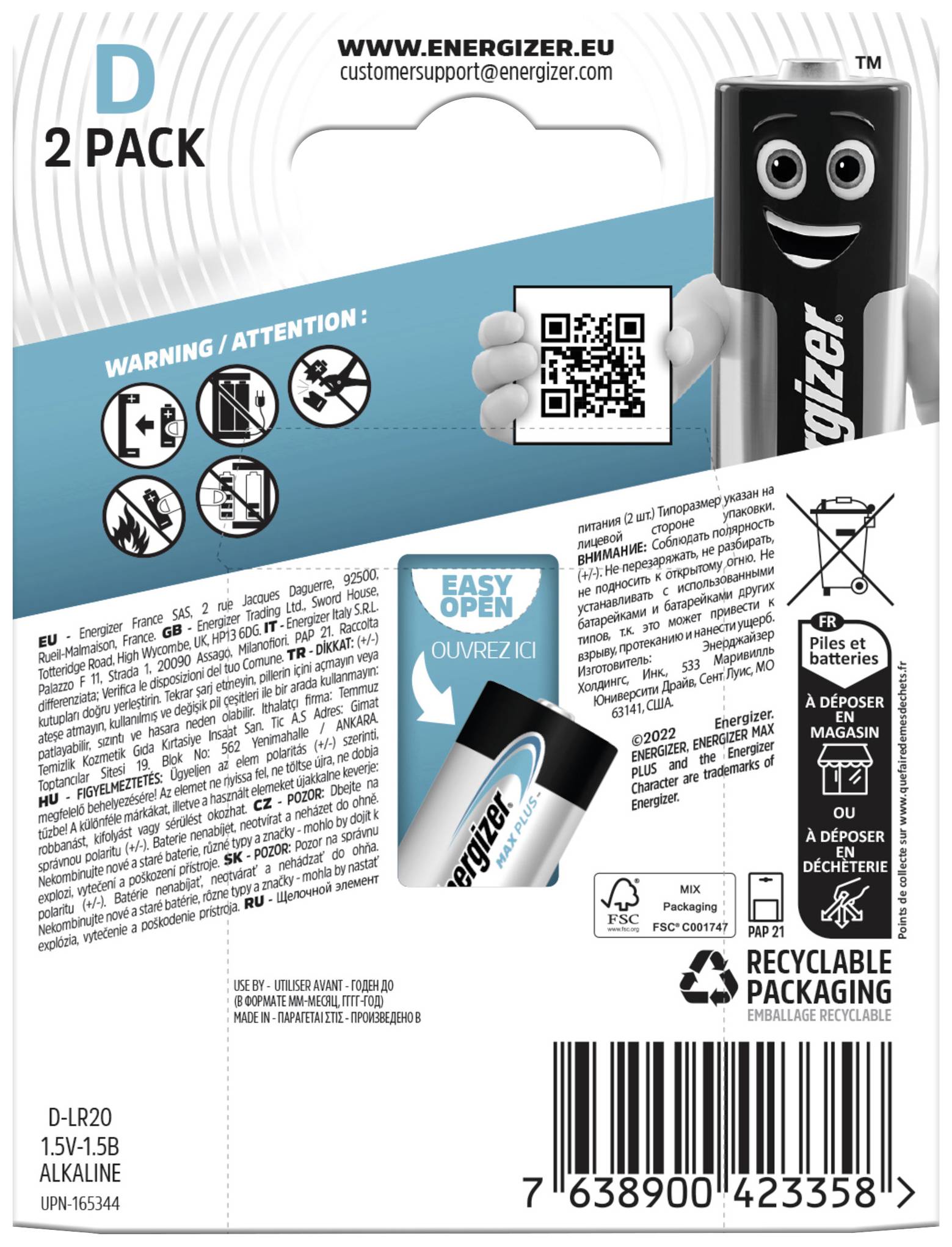 Ambalaža prikazuje 2 alkalne baterije Energizer s QR kodom za dodatne informacije, sigurnosne upozorenja i kontakt informacije korisničke podrške.