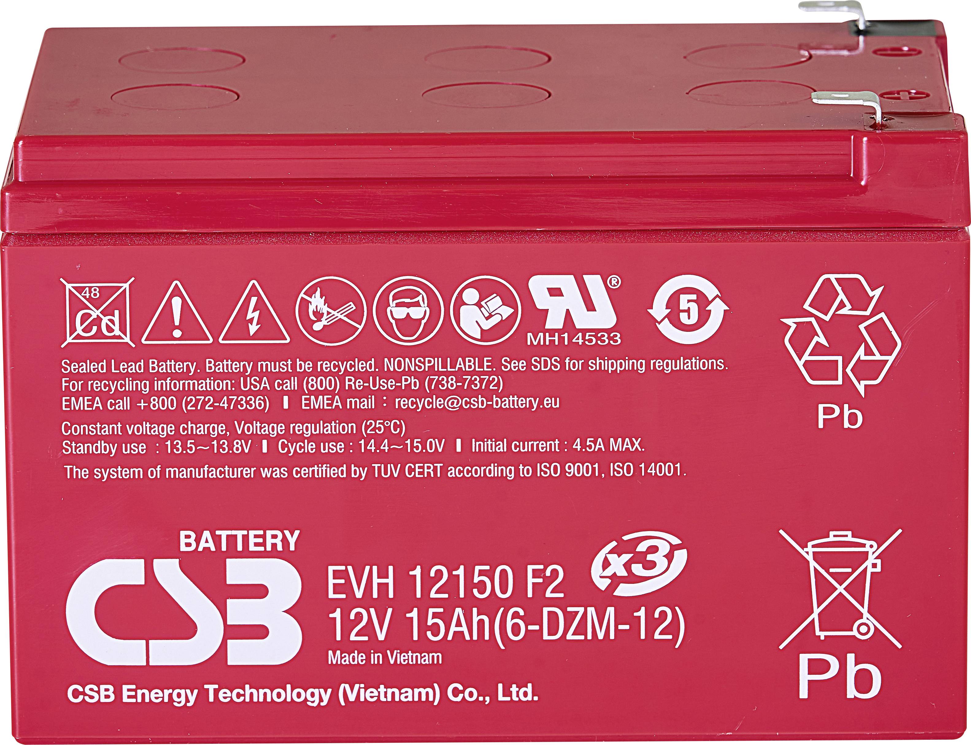 CSB Battery EVH 12150 Loodaccu 12 V 15 Ah Loodvlies (AGM) (b x h x d) 151 x 102 x 98 mm Kabelschoen 6.35 mm Cyclusbestendig, Onderhoudsvrij, Geringe