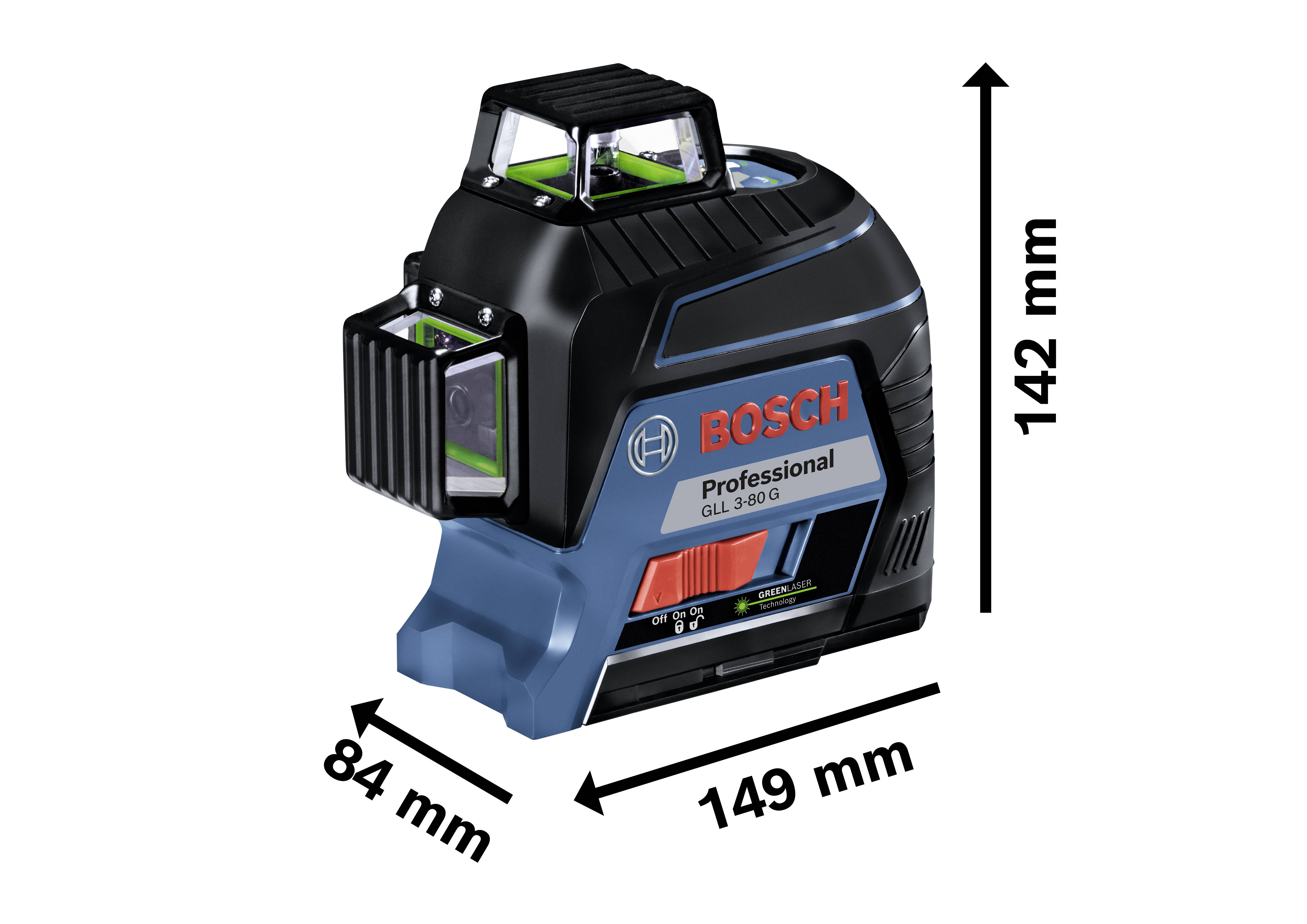 Laserska libela s Bosch logotipom. Dimenzije: 149 mm duljina, 84 mm širina, 142 mm visina. Profesionalna serija, model GLI 2-80G.