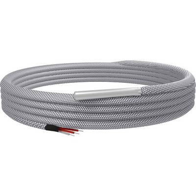 Sivo grijaće kabel s vidljivim crvenim i bijelim unutarnjim vodičima na jednom kraju, korišten za grijanje.