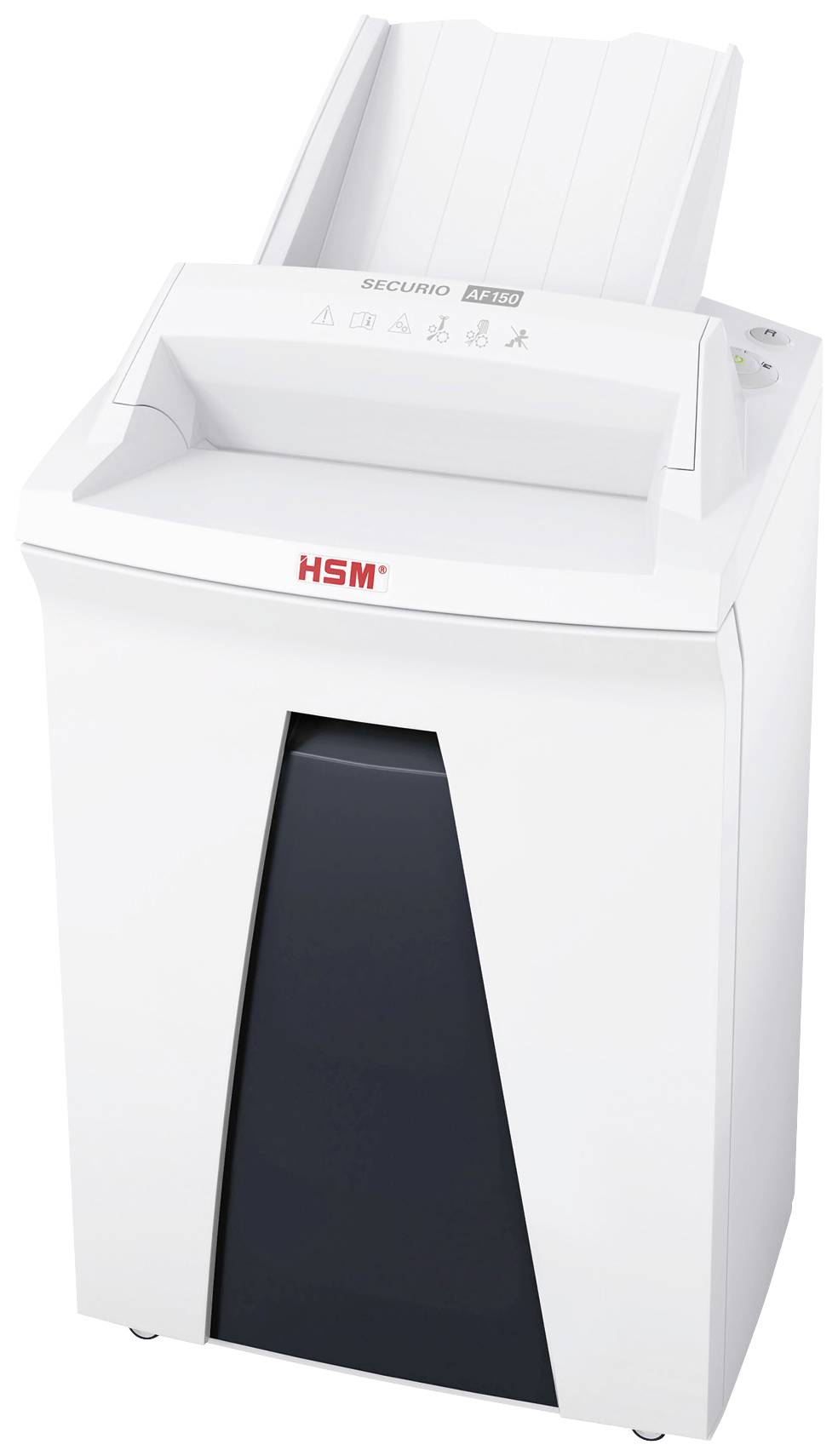 Bijeli uređaj za uništavanje dokumenata sa sivim upravljačkim elementima, pogodan za uredske prostore. Logotip marke 'HSM' na prednjoj strani.