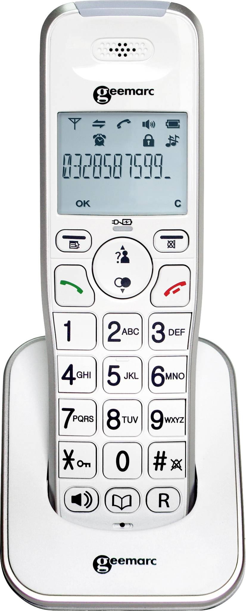 Bežični telefon s velikim tipkama na punjačkoj stanici. Zaslon prikazuje broj '0328587599'.